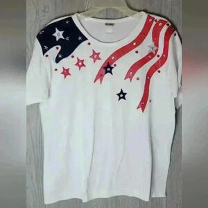 Vintage Catus California  faux leather and rhinestone stars and stripe blouse LG